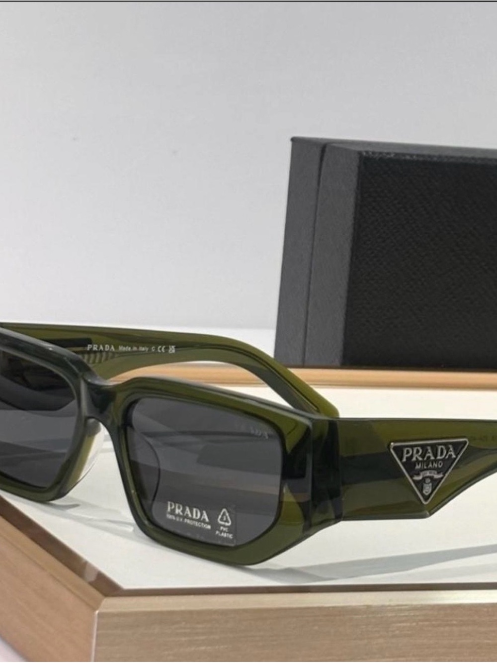 Prada Olive Green Rectangular Logo Sunglasses with Dark Lenses